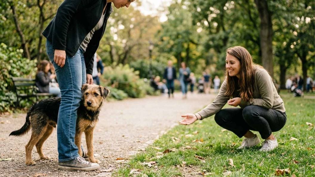 perro miedoso con otras personas en la calle